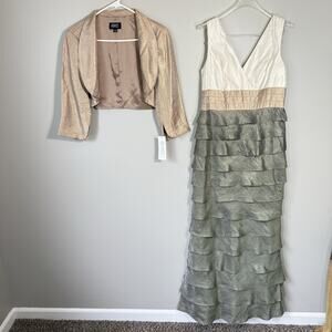 Adrianna Papell Tiered Ruffle Maxi Formal Mother Of Bride Dress 8 Green White